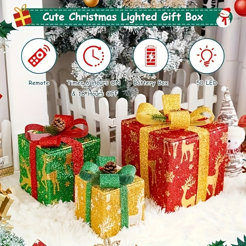 Taiying Set Of 3 Christmas Lighted Gift Boxes, Pre-lit 60 LED Light Up Christmas Tree Box Decorations, Presents Boxes with Ribbon Bows Christmas Tree Decorations for Indoor Outdoor Christmas Pathway