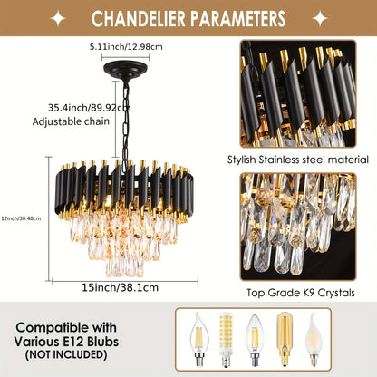 1pc Modern Crystal Chandeliers, 3 Tiers Black And Gold Pendant Light Fixtures, Crystal Ceiling Lamp, Elegant Modern Flush Mount Ceiling Lighting For Bedroom, Hallway, Bar, Living Room, Dining Room, (E12 Lamp Holder, Bulb Not Included)