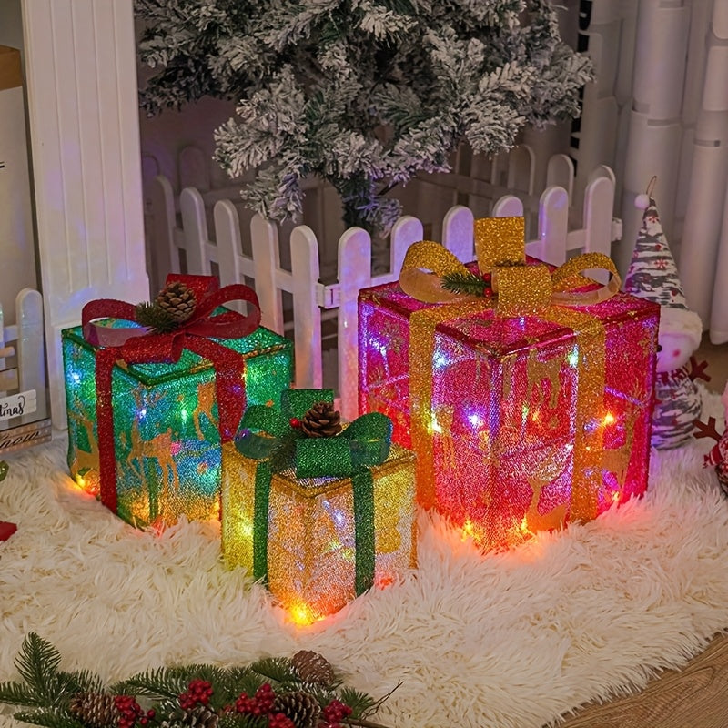 Taiying Set Of 3 Christmas Lighted Gift Boxes, Pre-lit 60 LED Light Up Christmas Tree Box Decorations, Presents Boxes with Ribbon Bows Christmas Tree Decorations for Indoor Outdoor Christmas Pathway