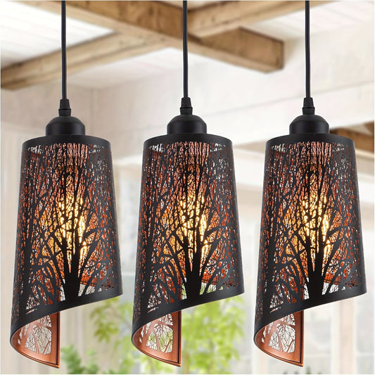 3pcs Vintage-Inspired Industrial Black Pendant Lights with Golden Accents - Unique Hollow Carved Design, Easy Installation, Perfect for Kitchen Island, Dining Room & Bedroom Decor, Adds Warm Ambiance and Sophistication - Cosy