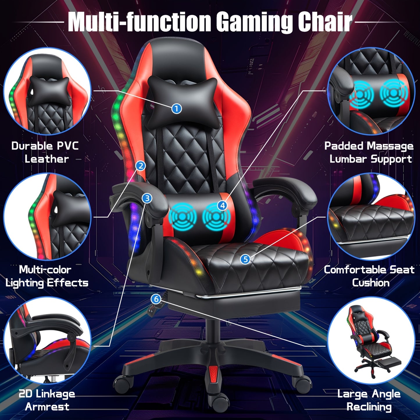 LED Gaming Chair: The Ultimate Gaming Throne With Stylish Lights, Lumbar Massage & Sliding Footrest