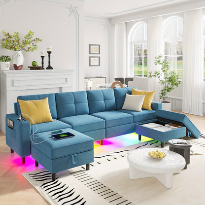 6-Seat Convertible U/L Shaped Modular Sectional Sofa with Charging Station, LED Lights, Music Sync, and Storage Ottoman - Perfect for Living Room - Modern, Space-Saving, and Multi-Functional