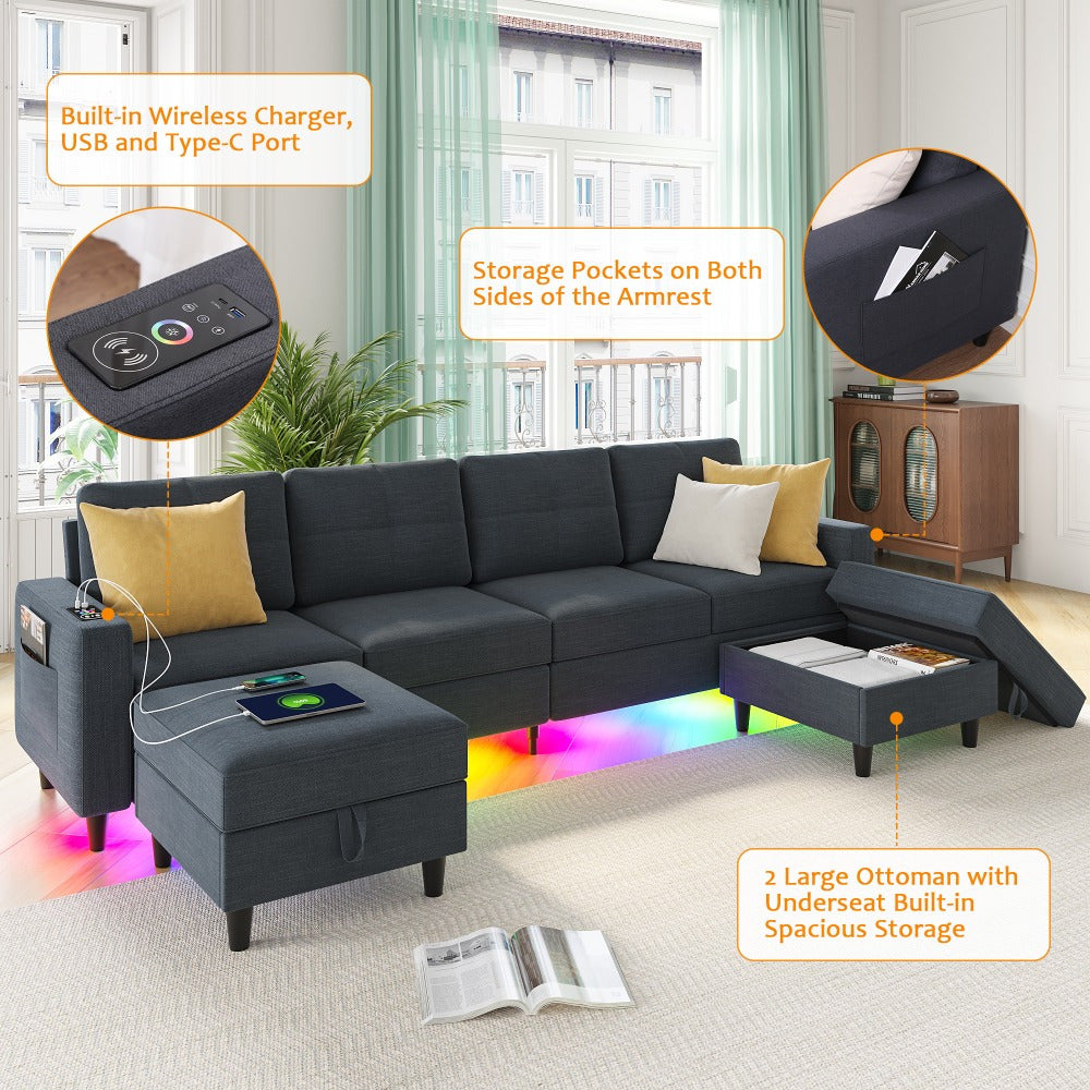 6-Seat Convertible U/L Shaped Modular Sectional Sofa with Charging Station, LED Lights, Music Sync, and Storage Ottoman - Perfect for Living Room - Modern, Space-Saving, and Multi-Functional