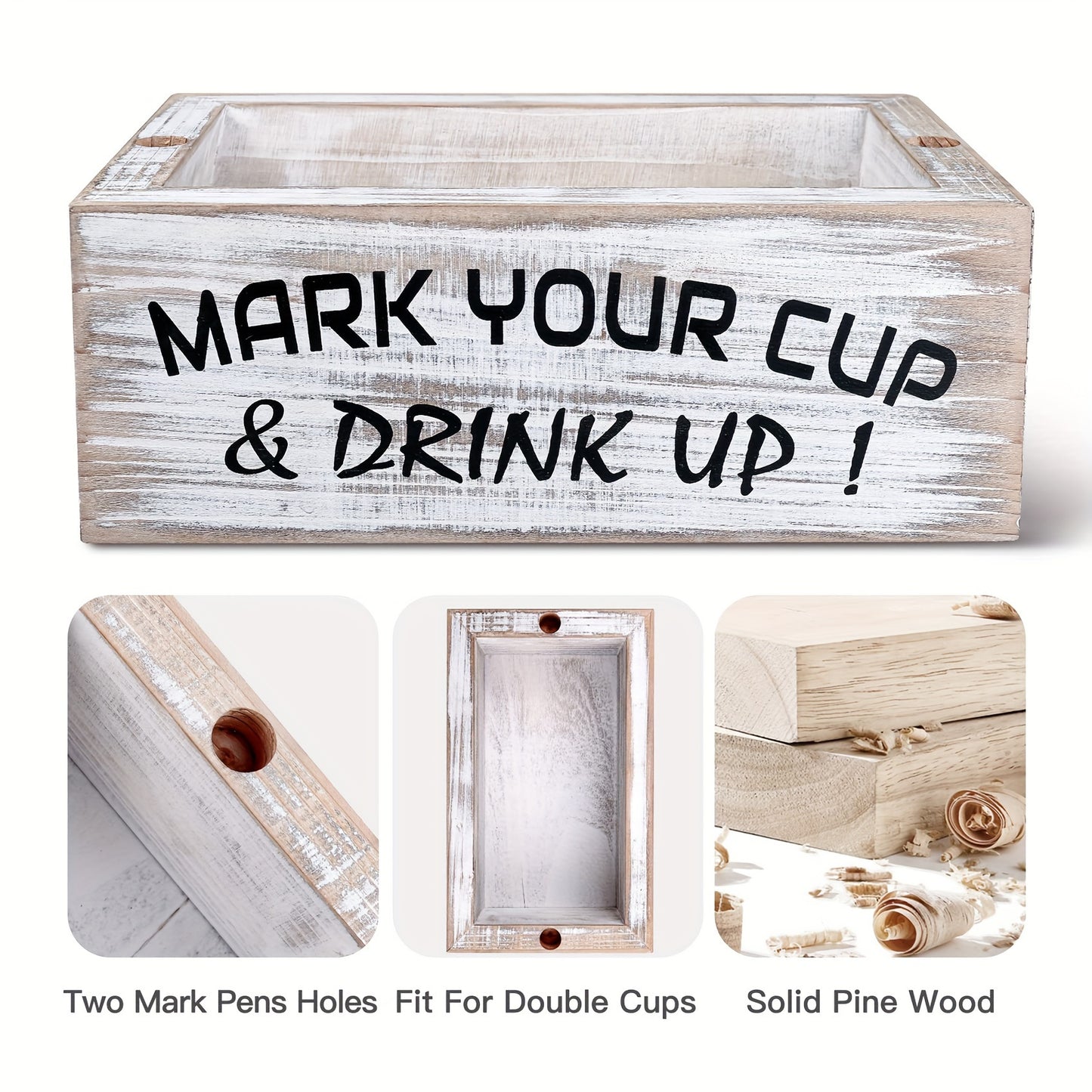 Rustic Wooden Double-Grid Cup Holder with Marker Slot - Perfect for Parties, Weddings & Home Decor