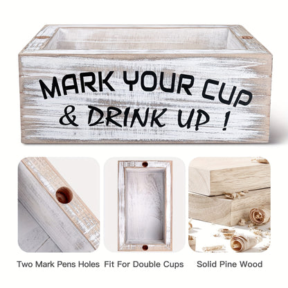 Rustic Wooden Double-Grid Cup Holder with Marker Slot - Perfect for Parties, Weddings & Home Decor