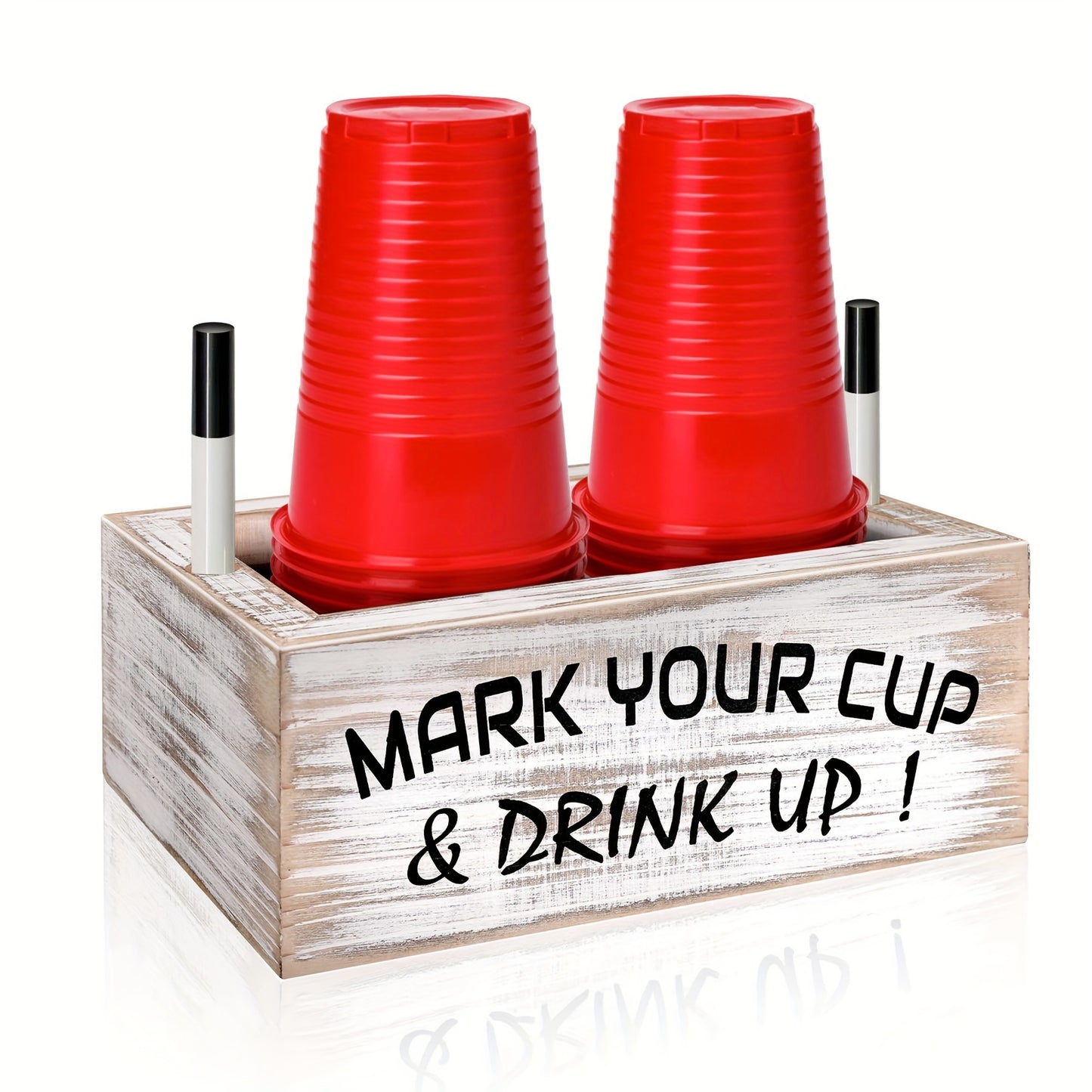 Rustic Wooden Double-Grid Cup Holder with Marker Slot - Perfect for Parties, Weddings & Home Decor