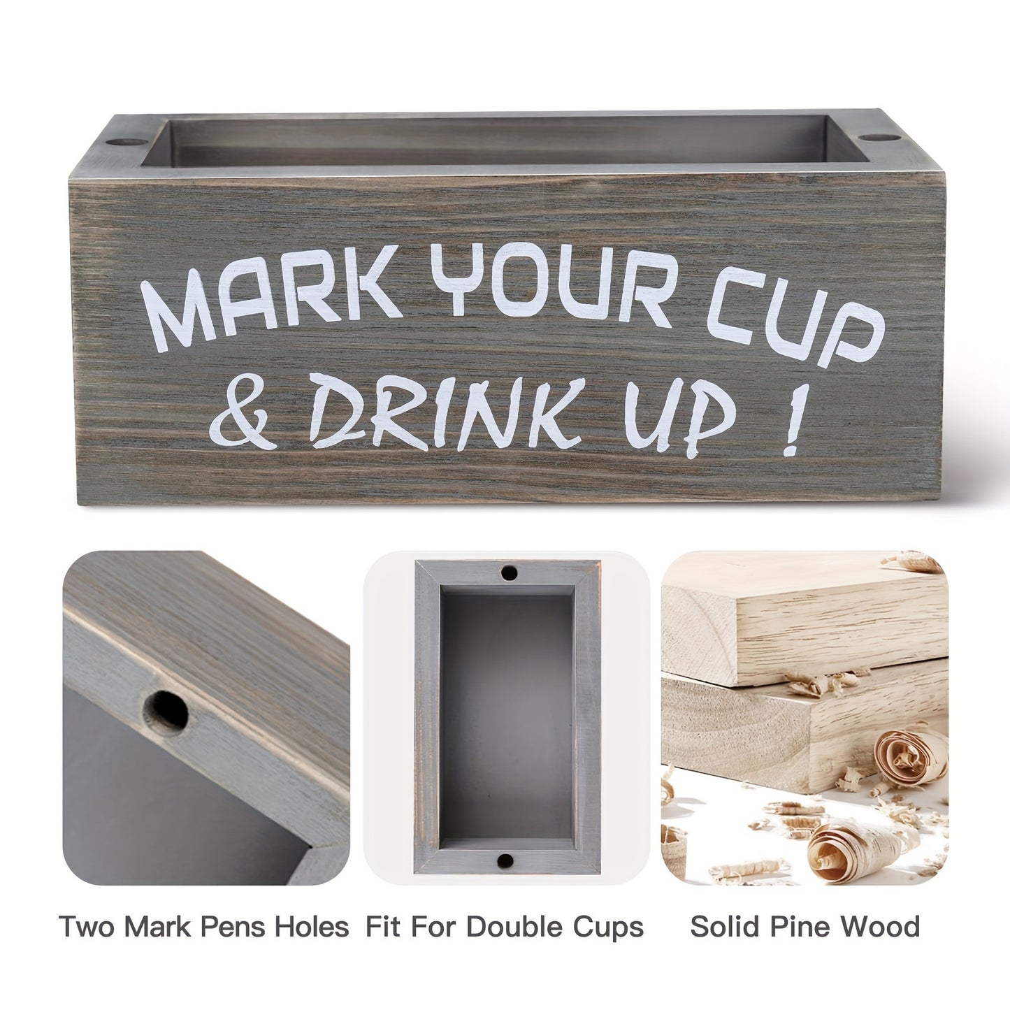 Rustic Wooden Double-Grid Cup Holder with Marker Slot - Perfect for Parties, Weddings & Home Decor