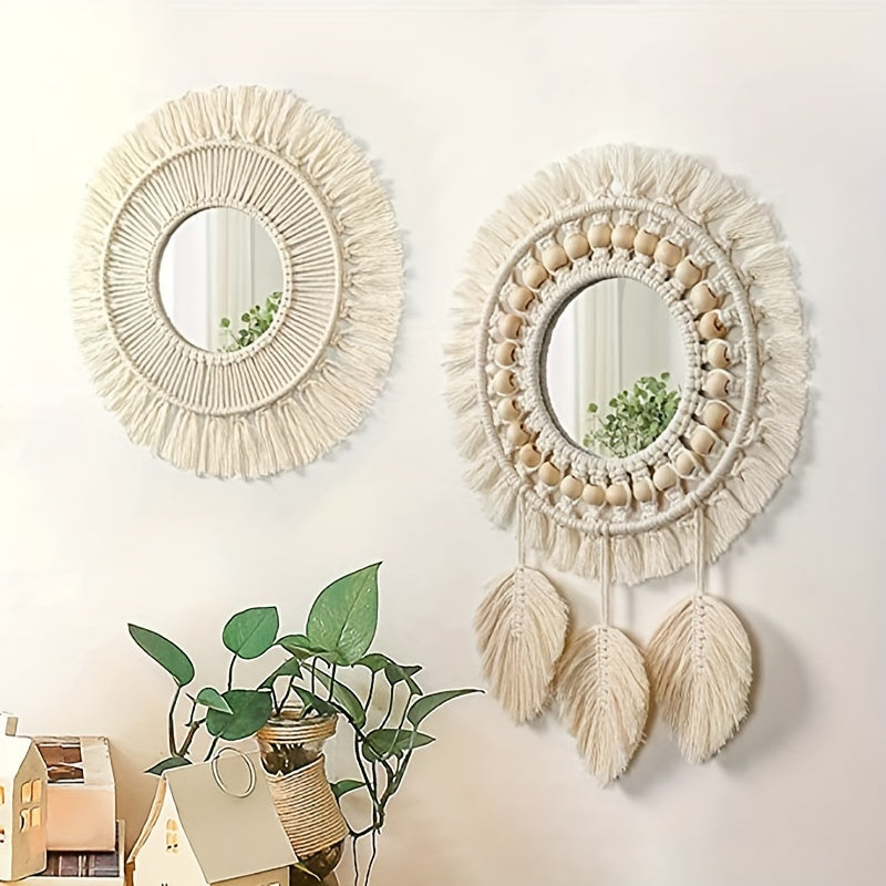 Hanging Wall Mirror - Boho Macrame Fringe Round Decorative Mirror With Beads Feather Pendant, Art Ornament For Apartment Home Bedroom Living Room