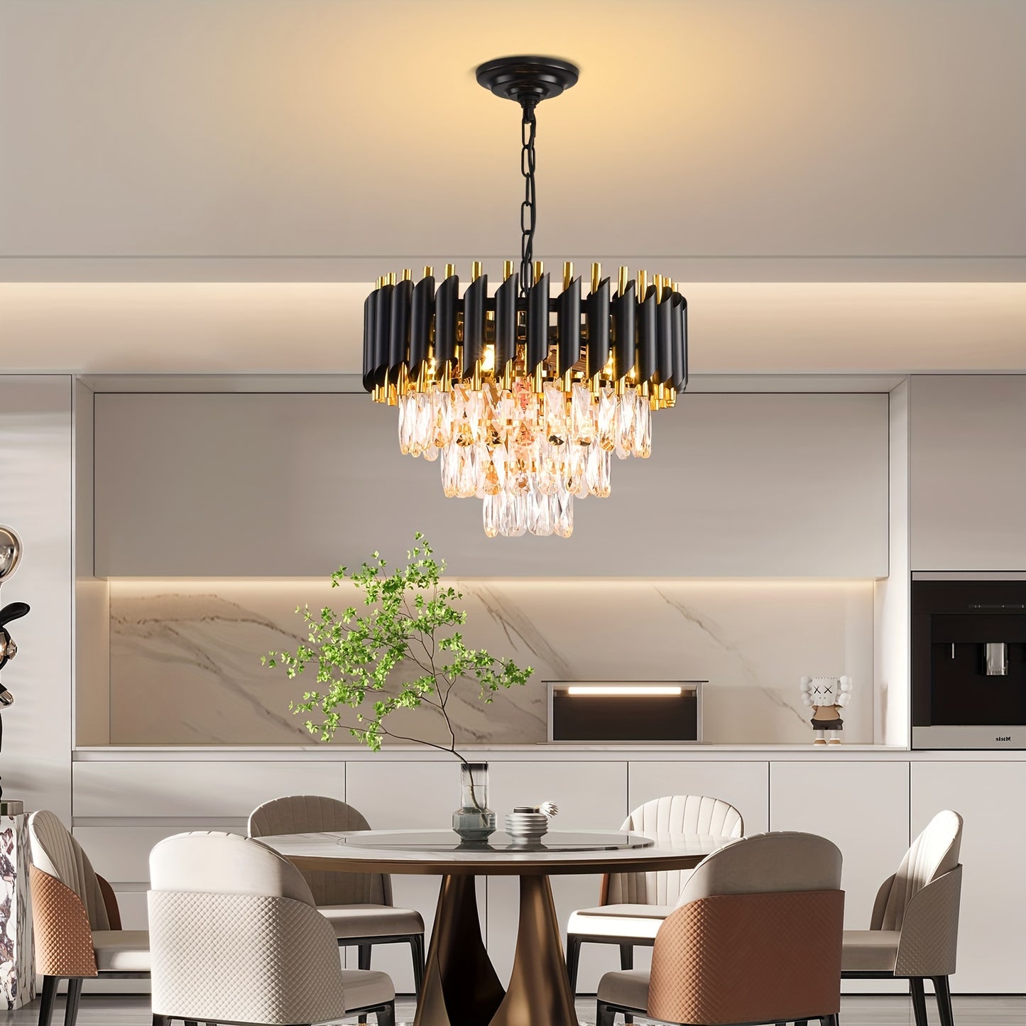 1pc Modern Crystal Chandeliers, 3 Tiers Black And Gold Pendant Light Fixtures, Crystal Ceiling Lamp, Elegant Modern Flush Mount Ceiling Lighting For Bedroom, Hallway, Bar, Living Room, Dining Room, (E12 Lamp Holder, Bulb Not Included)