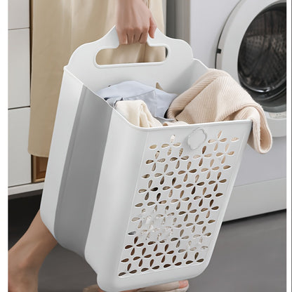 1pc Foldable Laundry Basket - Space-Saving, No-Drilling Required, Wall-Mounted Storage Bin - Modern White & Grey, Durable Plastic, Perfect for Balcony, Laundry Room, or Anywhere You Need Extra Storage for Clothes, Toys, Snacks, Fruits, and More