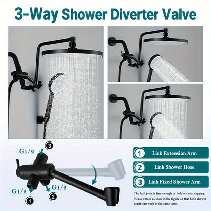 10-Inch High-Pressure Rainfall Showerhead Combo - Experience Luxurious Showering with 3-Mode Handheld Shower, 12-Inch Adjustable Extension Arm, and 3-Way Shower Toggle Valve - Includes Extra Long 71-Inch Hose and Extension Shower Bracket in Black - Cosy