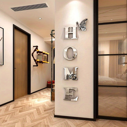 5pcs Acrylic 'HOME' Mirror Wall Decor Set - 3D Space-Themed, Easy DIY Installation, Modern Luxury Living Room Art, Perfect Welcome Sign & Home Gift- Cosy