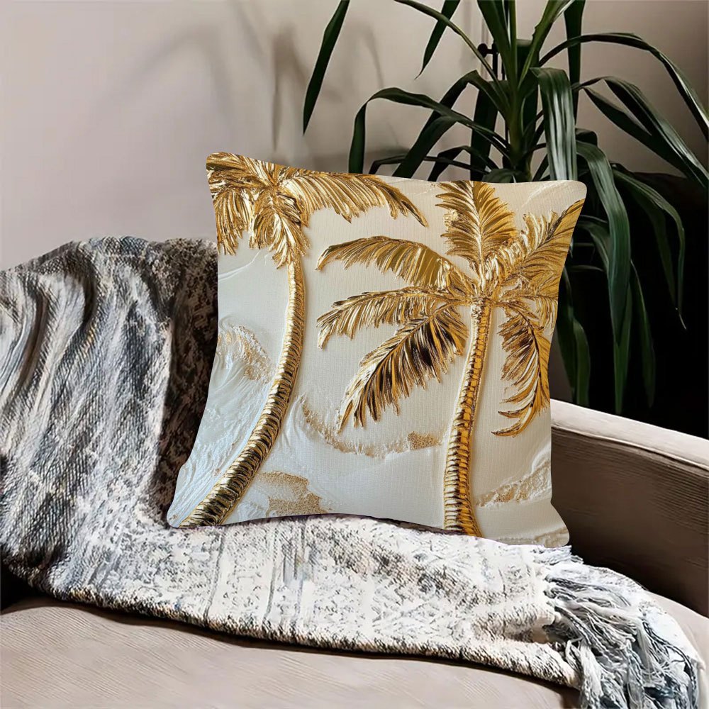 1pc Luxury Golden Palm Tree Pillow, 18x18 Inch Double-Sided Tropical Design, Soft Short Plush Polyester Decorative Cushion for Sofa, Bed, Car - Woven Fabric, No Insert Included