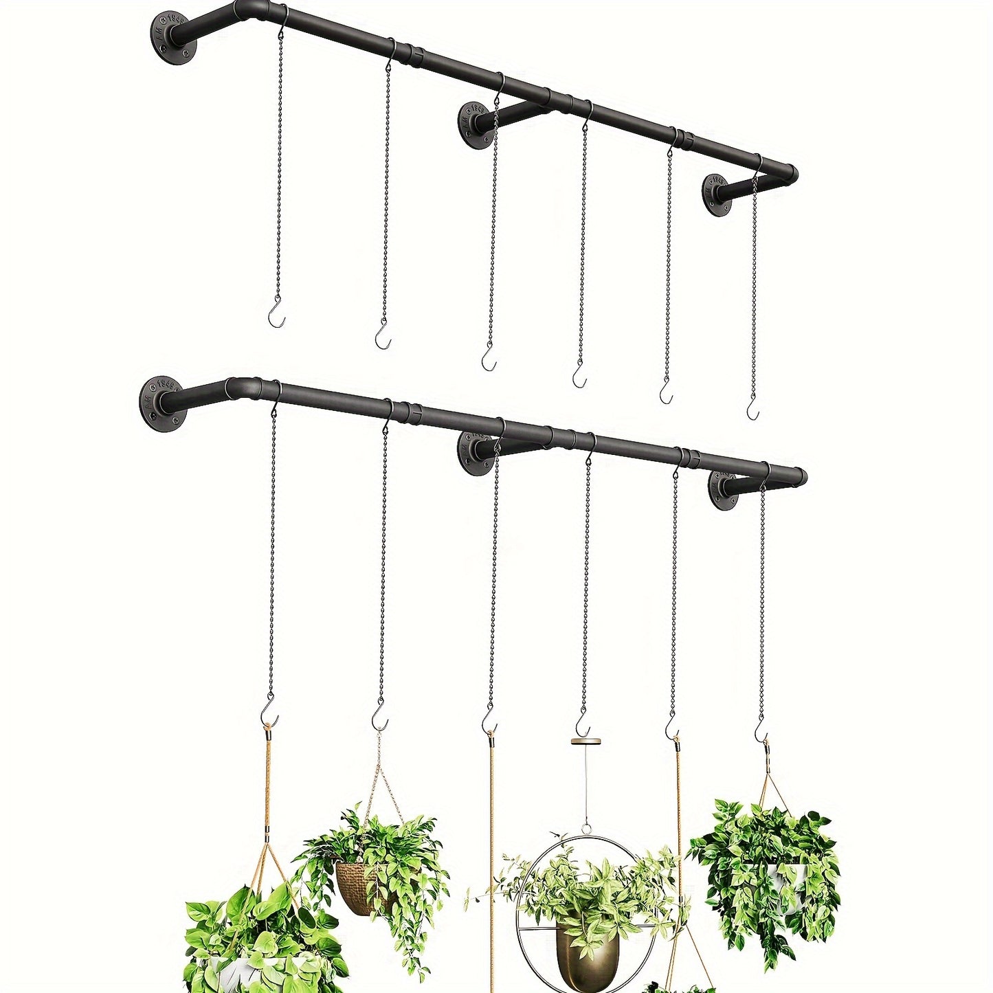 2-Pack Indoor Plant Hanger - Adjustable 65.7 Inch Metal Rod with 12 Hanging Chains for Window Ceiling - Black, Easy to Assemble, Space-Saving, Pots Not Included