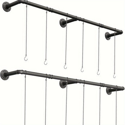 2-Pack Indoor Plant Hanger - Adjustable 65.7 Inch Metal Rod with 12 Hanging Chains for Window Ceiling - Black, Easy to Assemble, Space-Saving, Pots Not Included