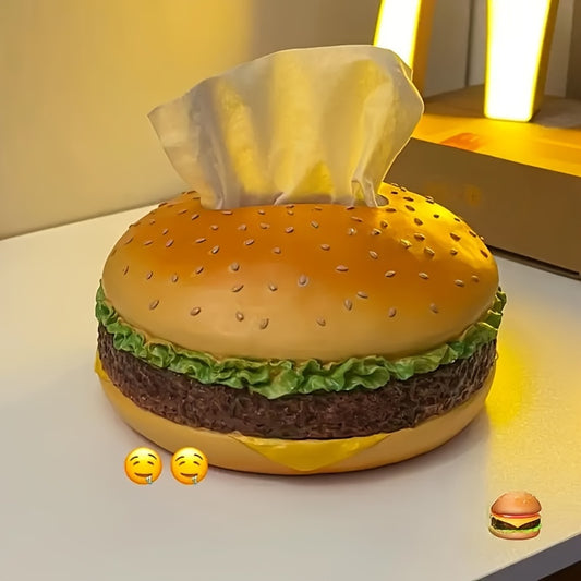 Fun Burger Shaped Tissue Holder - Whimsical Round Plastic Novelty Hamburger Design Dispenser with Easy Access and Compact Size - Ideal for Home and Office Desk Accessories, Adds a Touch of Humor to Your Workspace - Pack of 1