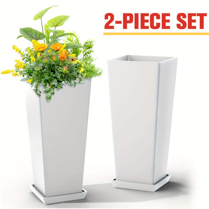 2pcs 24" Large V-Shape Tall Planters - Indoor & Outdoor Flower Pots with Drainage Hole, Tapered Square Design, and Tray for Home Garden Patio