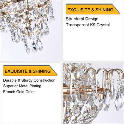 7-light crystal chandelier, French gold, D 16.9 "x H 26.9" luxury chandelier, used in restaurants, lighting fixtures with raindrops close to the ceiling, E12 light bulb, used in living rooms, bathrooms, foyers, and kitchens - Cosy