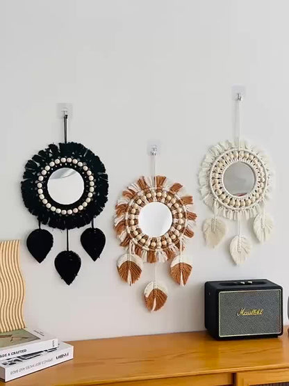 Hanging Wall Mirror - Boho Macrame Fringe Round Decorative Mirror With Beads Feather Pendant, Art Ornament For Apartment Home Bedroom Living Room