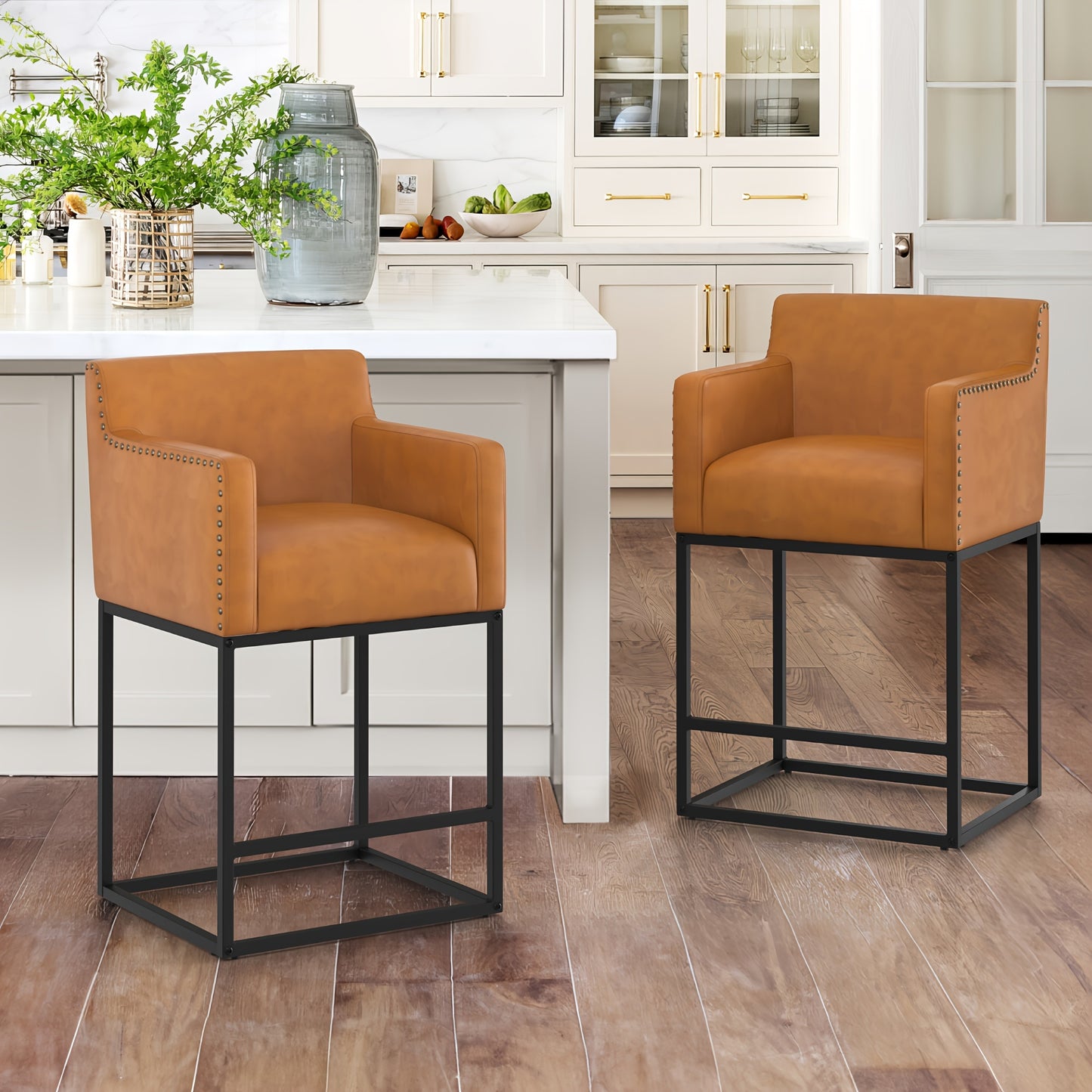 26" Counter Height Bar Stools Set Of 2, Modern Barstools With Open Arms, Gold Metal Frames, Linen Fabric Upholstered Bar Stool For Kitchen Island, Home Bar" "