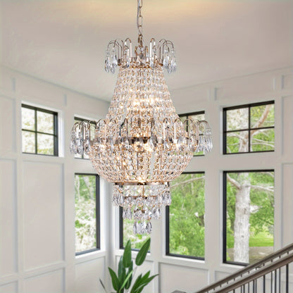 7-light crystal chandelier, French gold, D 16.9 "x H 26.9" luxury chandelier, used in restaurants, lighting fixtures with raindrops close to the ceiling, E12 light bulb, used in living rooms, bathrooms, foyers, and kitchens - Cosy