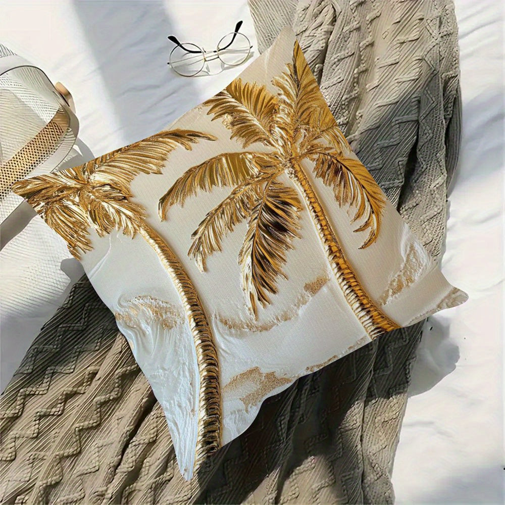 1pc Luxury Golden Palm Tree Pillow, 18x18 Inch Double-Sided Tropical Design, Soft Short Plush Polyester Decorative Cushion for Sofa, Bed, Car - Woven Fabric, No Insert Included