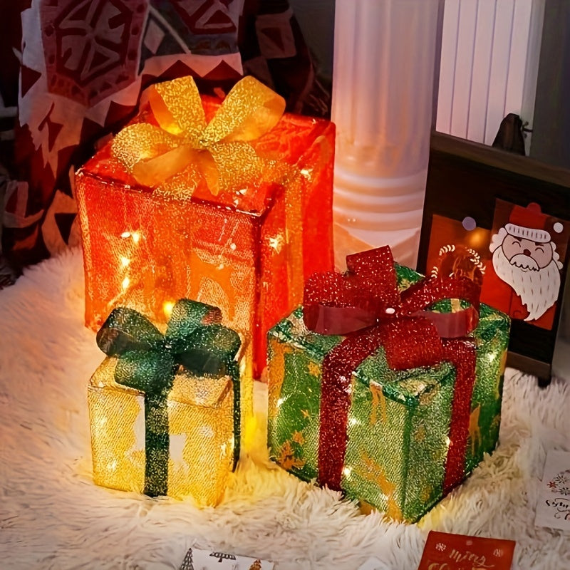 Taiying Set Of 3 Christmas Lighted Gift Boxes, Pre-lit 60 LED Light Up Christmas Tree Box Decorations, Presents Boxes with Ribbon Bows Christmas Tree Decorations for Indoor Outdoor Christmas Pathway