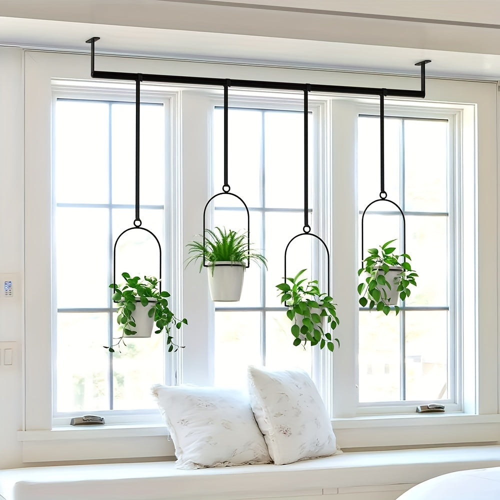 1set Metal Adjustable Hanging Planters with 4pcs Plastic Pots, Rail for Indoor Window & Ceiling Herb Garden, Wall Plant Hanger  - Cosy