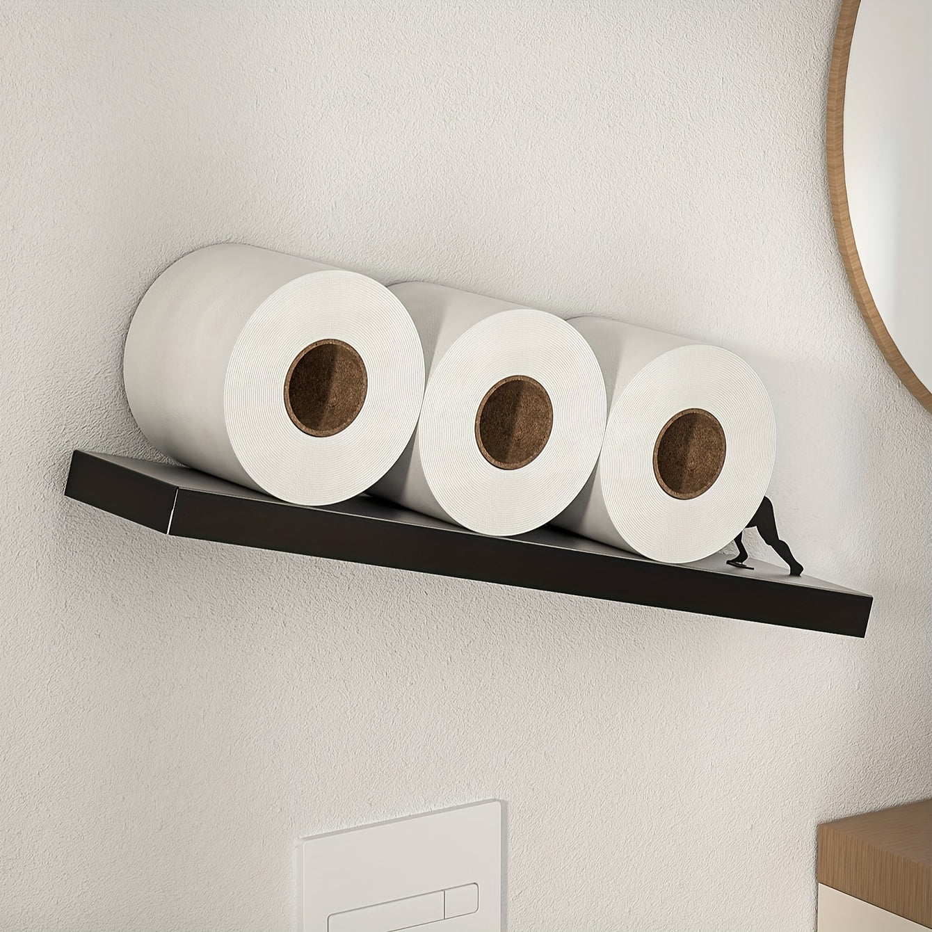 1pc Creative Wooden & Iron Wall-Mounted Toilet Paper Holder with Silhouette Accent, Self-Adhesive, Bathroom Tissue Roll Storage for Home and Kitchen Use - Cosy