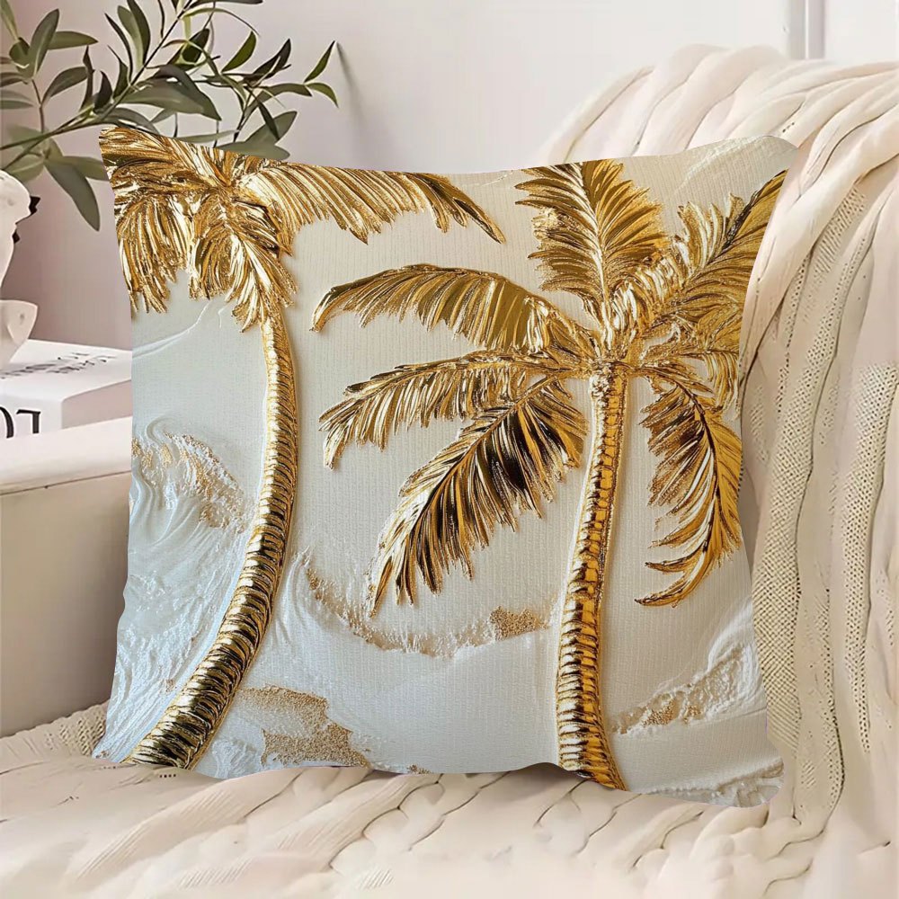 1pc Luxury Golden Palm Tree Pillow, 18x18 Inch Double-Sided Tropical Design, Soft Short Plush Polyester Decorative Cushion for Sofa, Bed, Car - Woven Fabric, No Insert Included