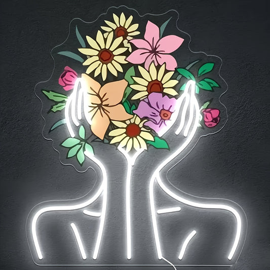 1pc Lady Flowers Neon Sign - Wall Decoration LED Light for Room Aesthetic, Dimmable Woman Holding Flowers Neon Art for Bedroom, Flower Shop Decor, Energy-Efficient, Safe, and Durable Computer Accessories & Peripherals - Cosy