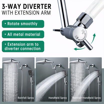 Shower Heads with Handheld Spray Combo, 13 Inches Rain Shower Head with 4-Mode Shower Wand, and 13 Inches Adjustable Extension Arm, 3-Way Shower Diverter Valve, Extra Long Hose (Chrome)