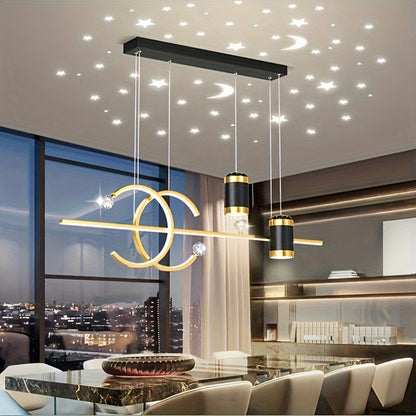 1pc Light Luxury Modern Long Strip LED Starry Sky Top, 3-color Changing Light Acrylic Dining Pendant Lamp, Restaurant Living Room Bedroom Aisle Lamp