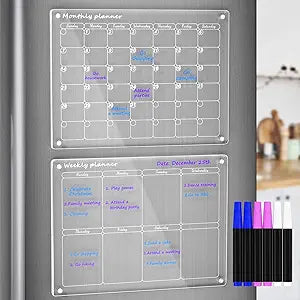 AITEE Acrylic Magnetic Monthly and Weekly Calendar for Fridge, Clear Set of 2 Dry Erase Board Calendar for Fridge Reusable Planner, Includes 6 Dry Erase Markers with 3 Colors - Cosy