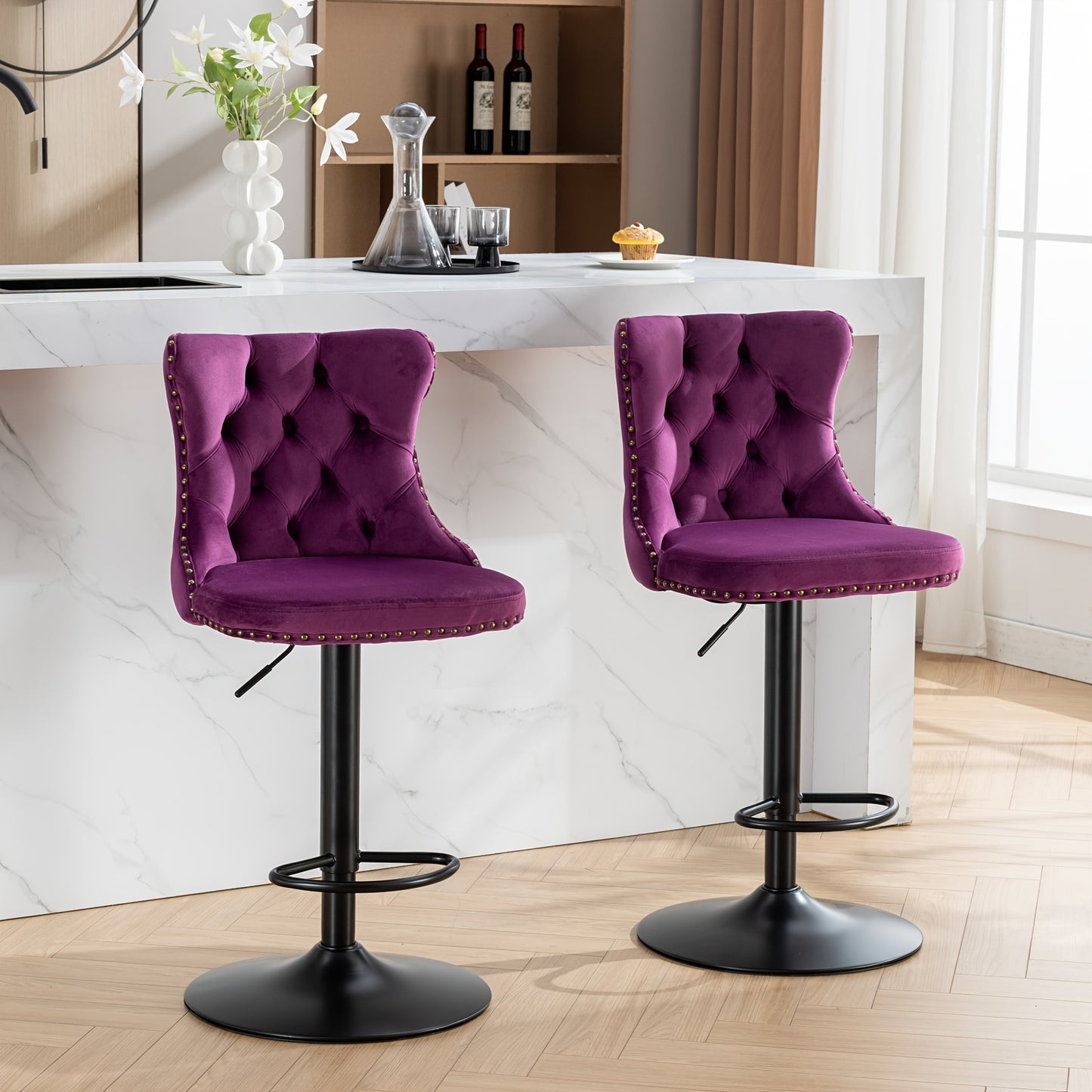 Set of 2 Velvet Comfortable Tufted Swivel Bar Stools Adjustable Counter Height Bar Stool from 25-33 Inch with Black Metal Base, Upholstered Kitchen Dining Barstools for Kitchen Island Cafe Pub Bar