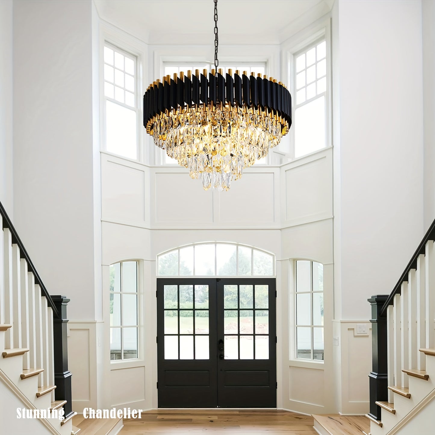 5-Tier Modern Crystal Chandelier - Black and Golden Crystal Pendant Light Fixture with Round Shape and Hanging Ceiling Design - Perfect for Living Room, Dining Room, Bedroom, Foyer, Entryway, and Staircase with 24in Width - Cosy