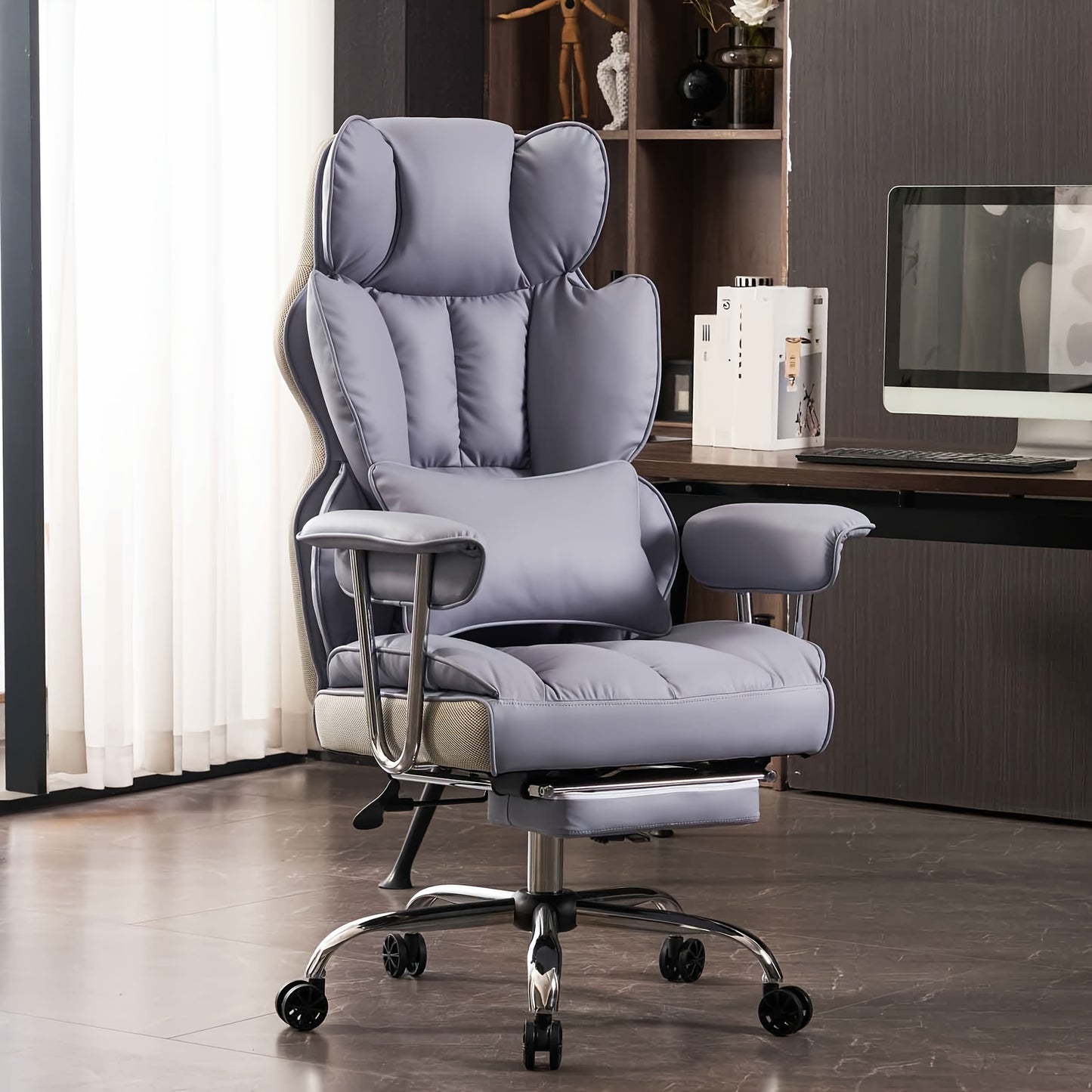 Efomao Desk Office Chair 400LBS, Big And Tall Office Chair, PU Leather Computer Chair, Executive Office Chair With Leg Rest And Lumbar Support