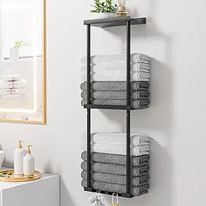 Bathroom Towel Storage Rack, 3 Tier Towel Racks for Rolled Towels, Wall Mounted Metal Bathroom Organizer, Bath Towel Holder Shelf with 3 Hooks,Towel Racks for Bathroom - Cosy