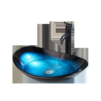 Modern, Chic Blue & Black Oval Vessel Sink Set with Tempered Glass Basin and Black Mixer Tap - Polished Finish, Self-Trimming Edge for Bathroom - Cosy