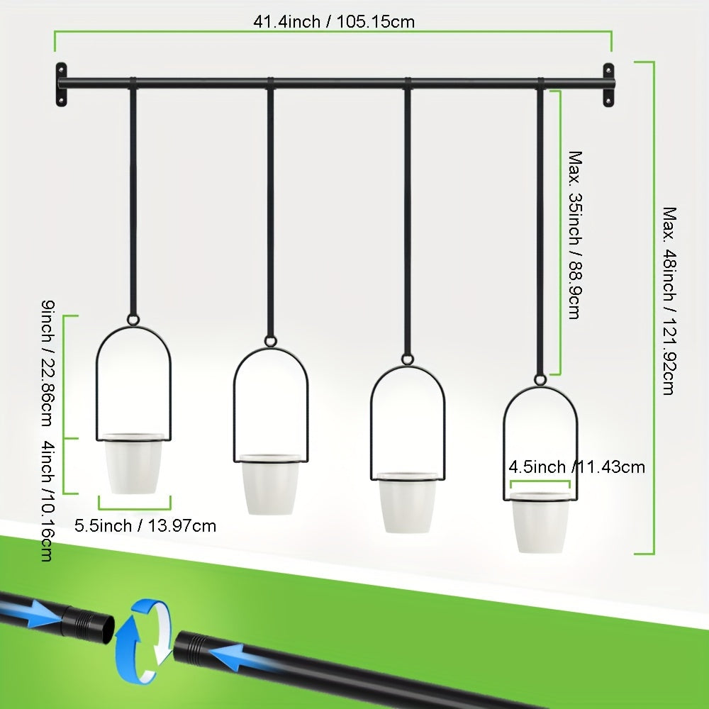 1set Metal Adjustable Hanging Planters with 4pcs Plastic Pots, Rail for Indoor Window & Ceiling Herb Garden, Wall Plant Hanger  - Cosy