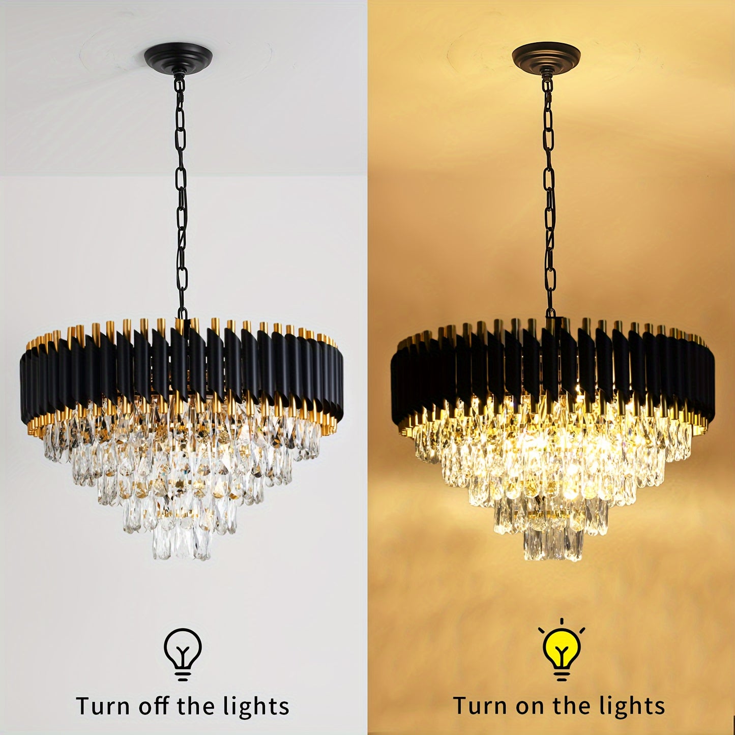 5-Tier Modern Crystal Chandelier - Black and Golden Crystal Pendant Light Fixture with Round Shape and Hanging Ceiling Design - Perfect for Living Room, Dining Room, Bedroom, Foyer, Entryway, and Staircase with 24in Width - Cosy