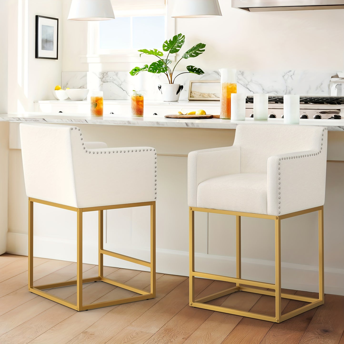 26" Counter Height Bar Stools Set Of 2, Modern Barstools With Open Arms, Gold Metal Frames, Linen Fabric Upholstered Bar Stool For Kitchen Island, Home Bar" "