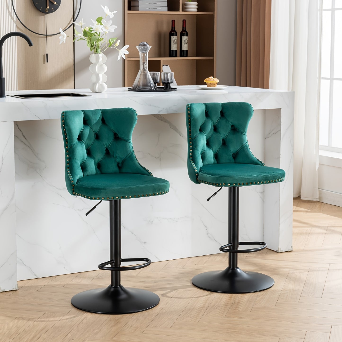 Set of 2 Velvet Comfortable Tufted Swivel Bar Stools Adjustable Counter Height Bar Stool from 25-33 Inch with Black Metal Base, Upholstered Kitchen Dining Barstools for Kitchen Island Cafe Pub Bar