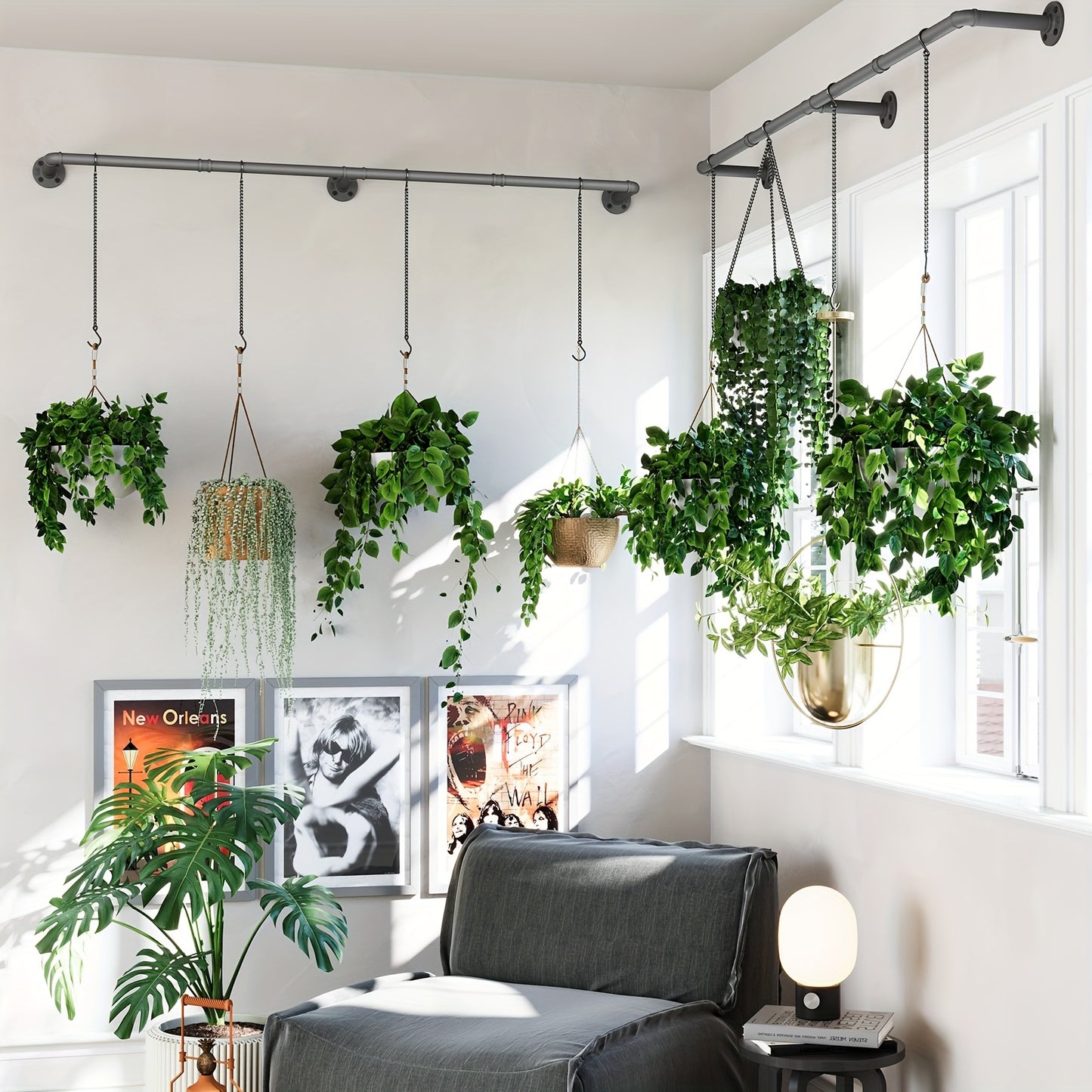 2-Pack Indoor Plant Hanger - Adjustable 65.7 Inch Metal Rod with 12 Hanging Chains for Window Ceiling - Black, Easy to Assemble, Space-Saving, Pots Not Included