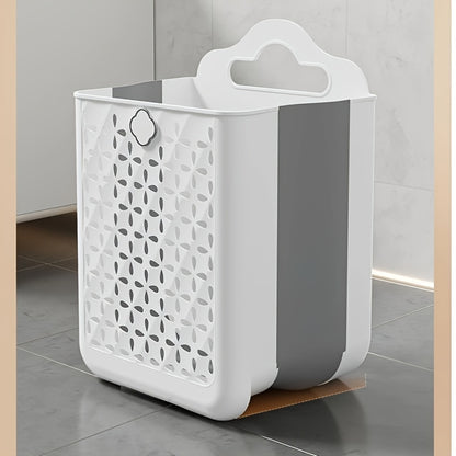 1pc Foldable Laundry Basket - Space-Saving, No-Drilling Required, Wall-Mounted Storage Bin - Modern White & Grey, Durable Plastic, Perfect for Balcony, Laundry Room, or Anywhere You Need Extra Storage for Clothes, Toys, Snacks, Fruits, and More