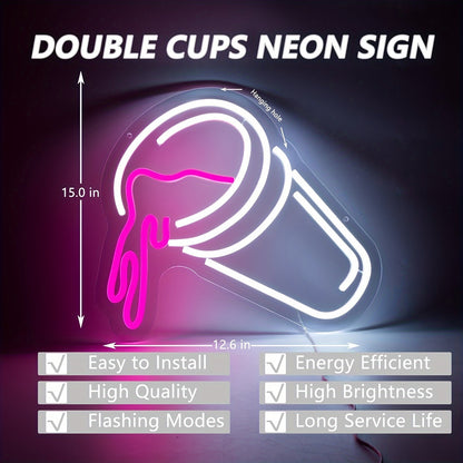 Double Cups Neon Sign For Wall Decor, Dimmable Pink Neon LED Lights Signs For Bar Man Cave, Neon Light Up Signs For Bedroom Pub Bar Accessories Decorations Aesthetic, Birthday Neon Sign Gifts