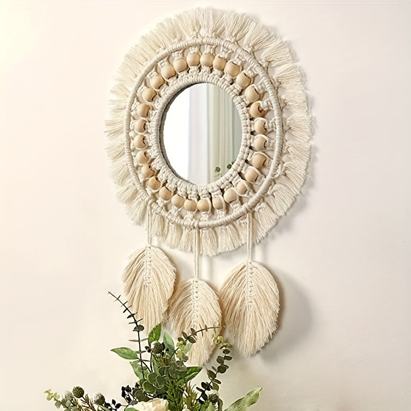 Hanging Wall Mirror - Boho Macrame Fringe Round Decorative Mirror With Beads Feather Pendant, Art Ornament For Apartment Home Bedroom Living Room