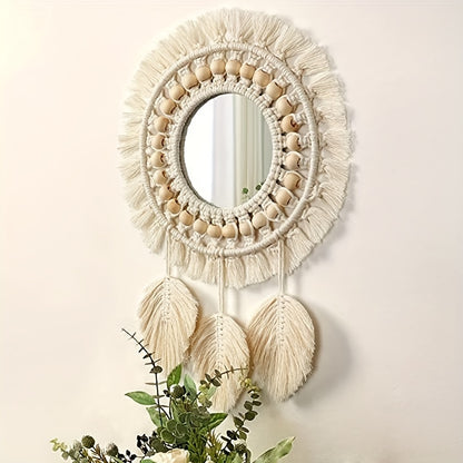 Hanging Wall Mirror - Boho Macrame Fringe Round Decorative Mirror With Beads Feather Pendant, Art Ornament For Apartment Home Bedroom Living Room