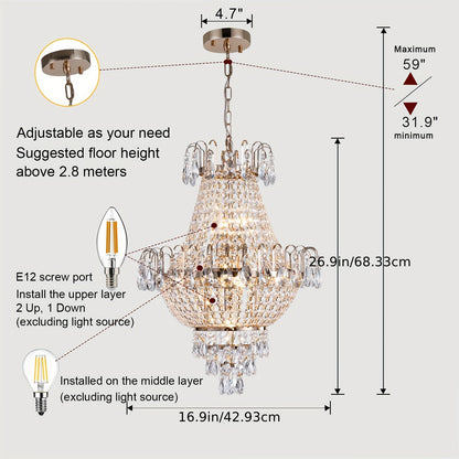 7-light crystal chandelier, French gold, D 16.9 "x H 26.9" luxury chandelier, used in restaurants, lighting fixtures with raindrops close to the ceiling, E12 light bulb, used in living rooms, bathrooms, foyers, and kitchens - Cosy