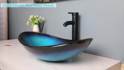 Modern, Chic Blue & Black Oval Vessel Sink Set with Tempered Glass Basin and Black Mixer Tap - Polished Finish, Self-Trimming Edge for Bathroom - Cosy